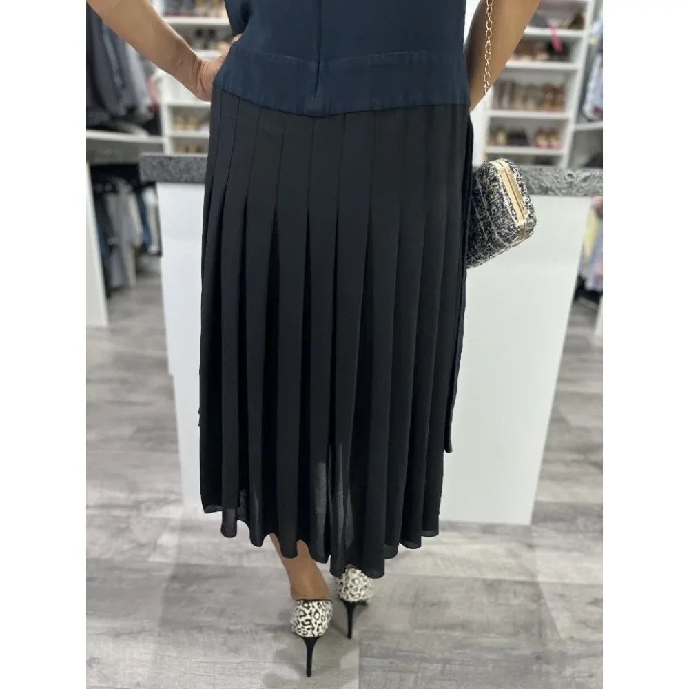 Victor Alfaro Navy Pleated Combo Midi Dress $2195 - Picture 9 of 15